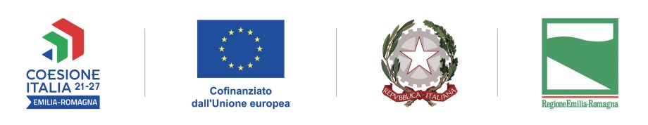 Loghi PR FESR Emilia-Romagna 2021-2027: Coesione Italia, Unione europea, Repubblica Italiana e Regione Emilia-Romagna